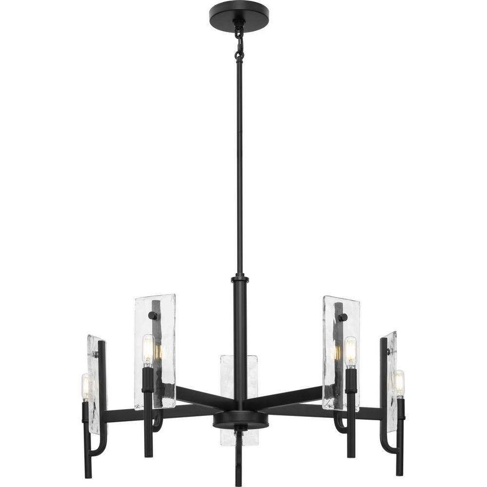 Matte Black 5-Light Chandelier with Clear Textured Glass