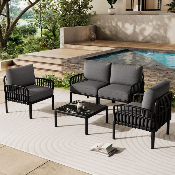 5 Piece Patio Conversation Sets, Modern Outdoor Patio Sectional Furniture Set with Square Coffee Table, Thick Cushion