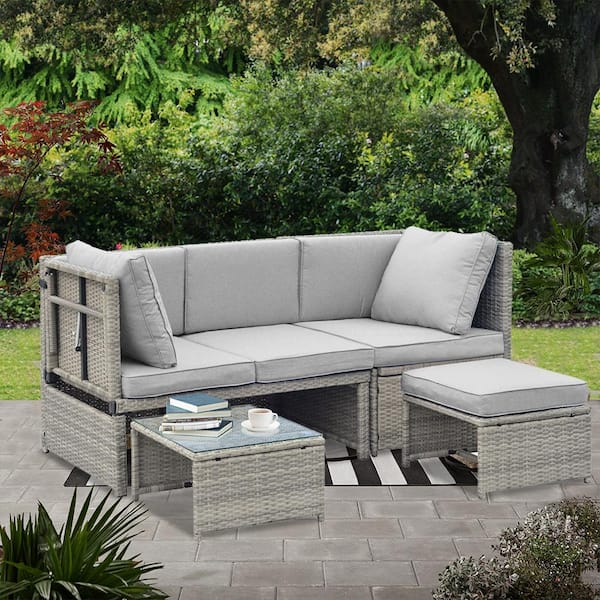 Cesicia Gray 4-Piece Wicker Outdoor Sectional Set with Gray Cushions