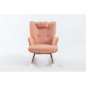 35.5 in. Wood Outdoor Rocking Chair Soft Houndstooth Fabric Leather Fabric Rocking Chair with Orange Cushions