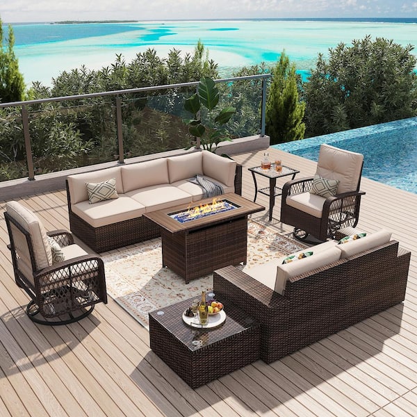 Sizzim 10-Piece Outdoor Fire Pit Patio Set, Sectional Set with Swivel Rocking Chairs, Coffee Table