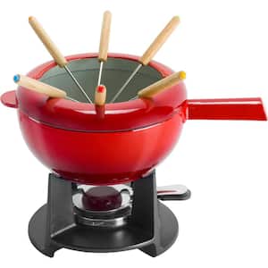 10-Pieces 8 in. Cast Iron Fondue Set with 6-Forks in Red