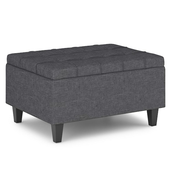 Simpli Home Harrison 34 in. Rectangle Small Coffee Table Storage Ottoman in Slate Grey Linen Look Fabric, Assembled