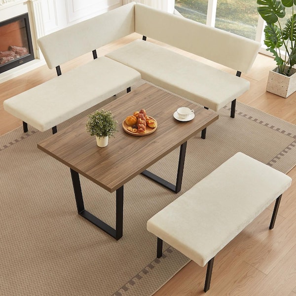 3-Piece Gray Dining Table Set 47.2 in. Rectangle Walnut Table with Corner Bench(Beige)