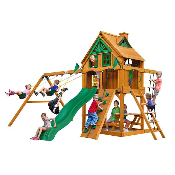 Gorilla Playsets Chateau Treehouse Wooden Swing Set with Fort Add-On and Picnic Table