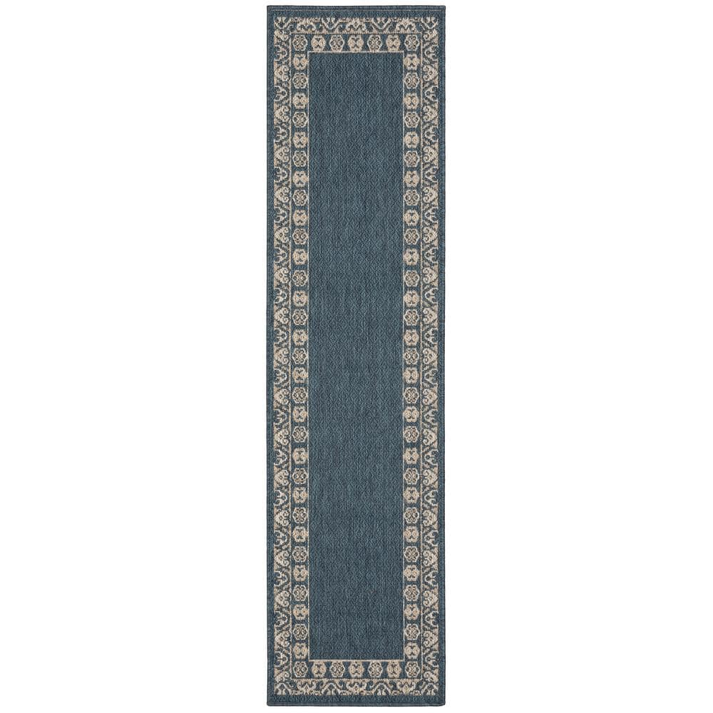 Bermuda Blue/Grey 2 ft. x 8 ft. Border Indoor/Outdoor Patio Runner Rug