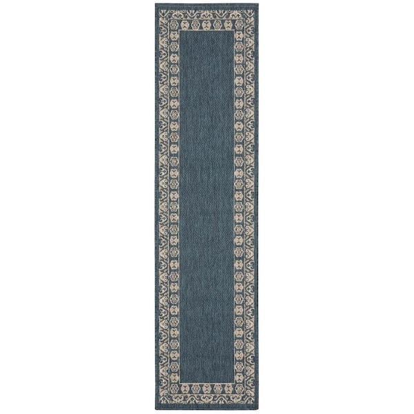 Bermuda Blue/Grey 2 ft. x 8 ft. Border Indoor/Outdoor Patio Runner Rug