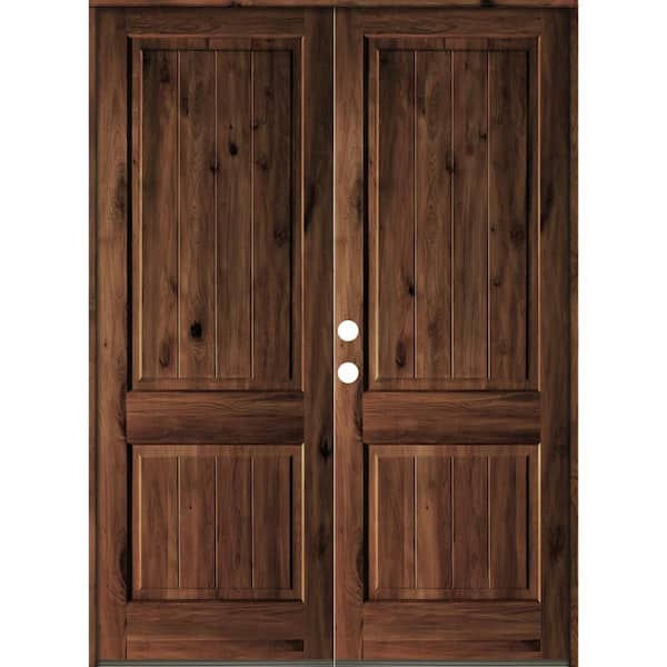 72 in. x 96 in. Rustic Knotty Alder Square Top Red Mahogany Stain/V-Groove Right-Hand Wood Double Prehung Front Door