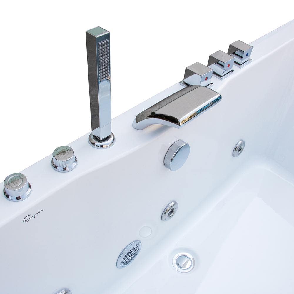 59-Inch White Acrylic Rectangular Whirlpool Bathtub with Jets and Blue Glass Panel