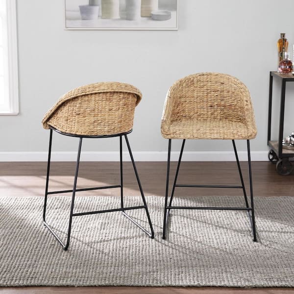 Landrine 35 in. Black Low Back Metal 2-Tone Barstools with Water Hyacinth Comfortable Seat (Set of 2)