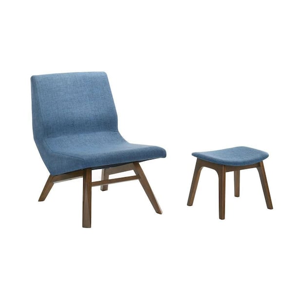 Benjara Cid Walnut and Blue Fabric Angled Legs Accent Chair with Ottoman