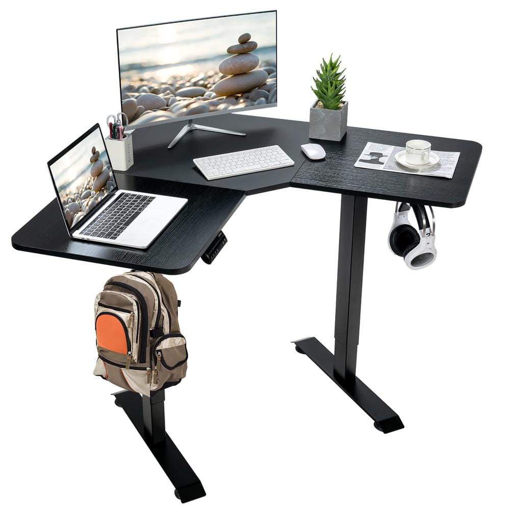 Black Adjustable Height L-Shaped Standing Desk with Hooks
