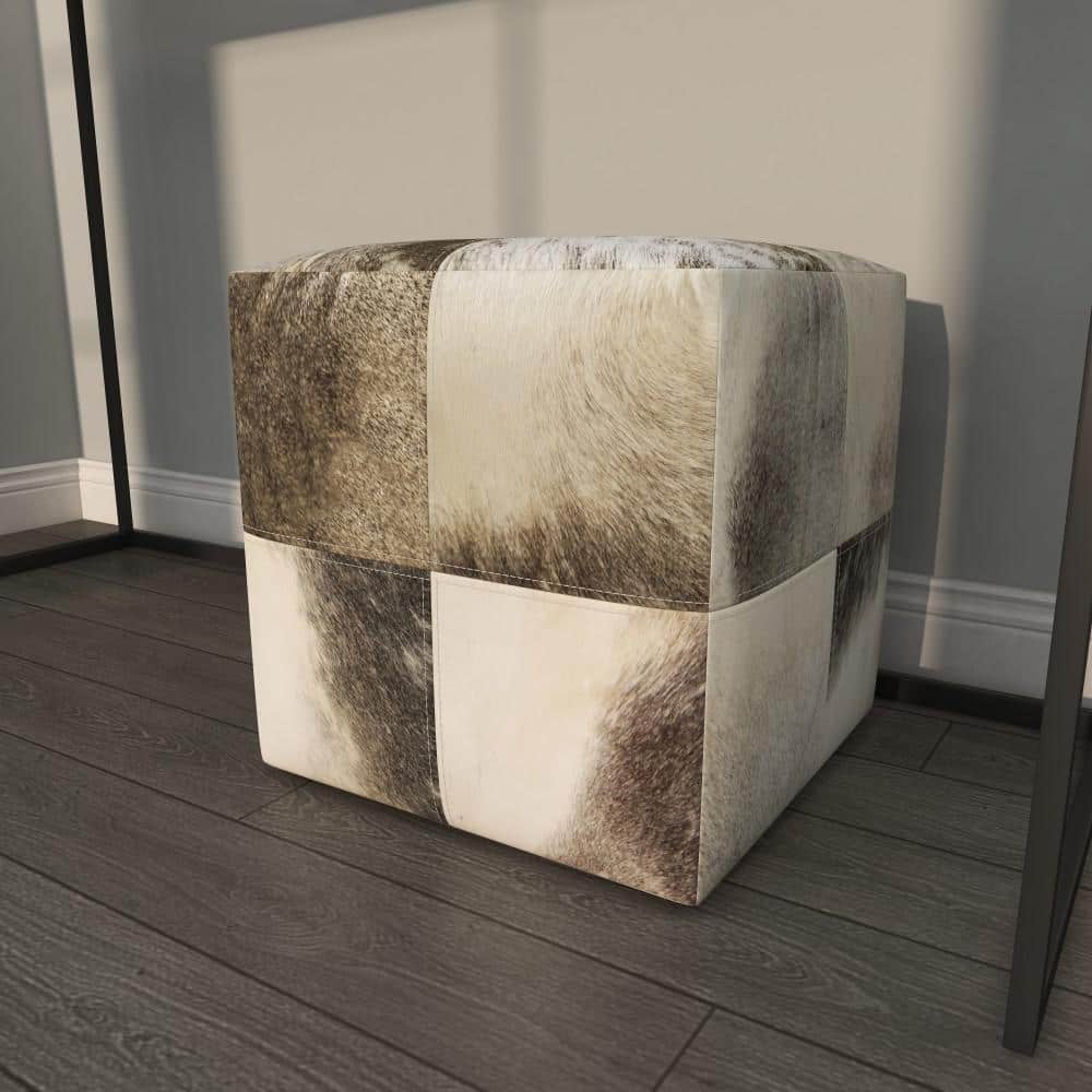 Contemporary Gray Cowhide Patchwork Pouf Ottoman, 16" Cube