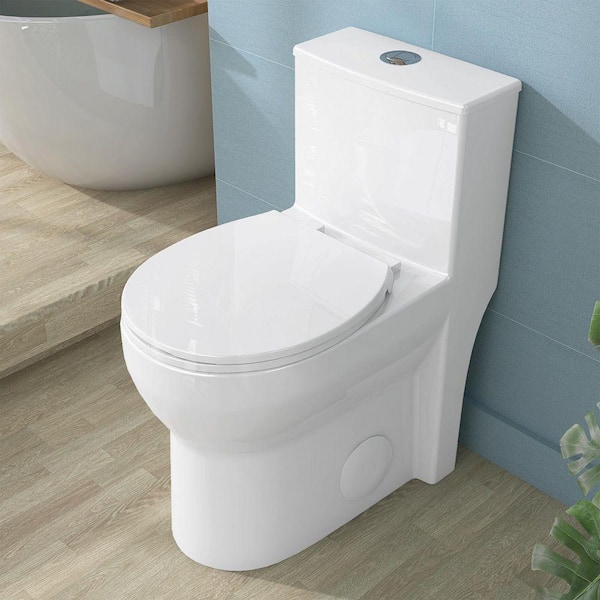 1-Piece Toilet 1.1/1.6 GPF Water-Efficient Dual Flush ADA Compliant Elongated 17 in. Toilet in White Soft Close Seat