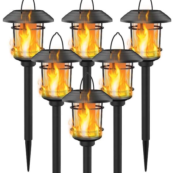 6-Pack Solar Flame Torch Lights Outdoor, Dual Use Flickering Flame Garden Light, Hanging Lantern Lights