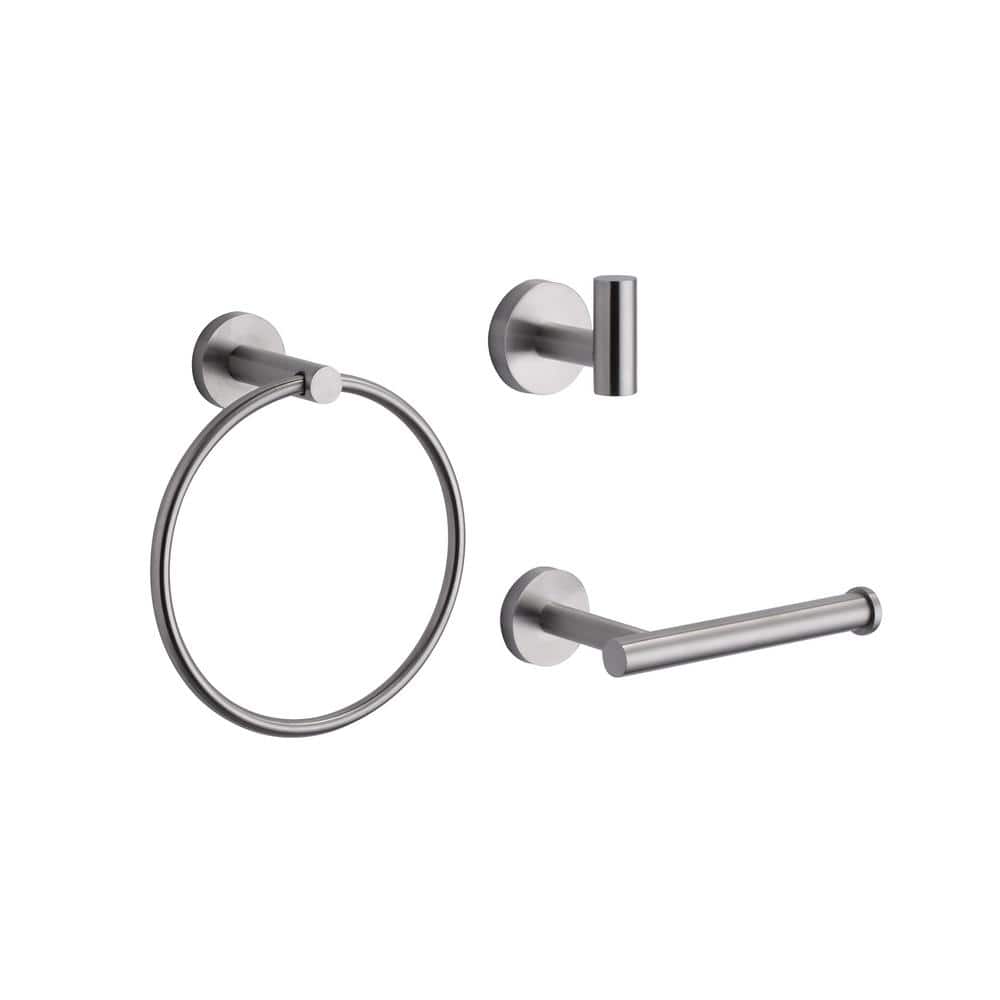 Brushed Nickel 3-Piece Bathroom Hardware Set with Towel Ring, Hook, and Holder