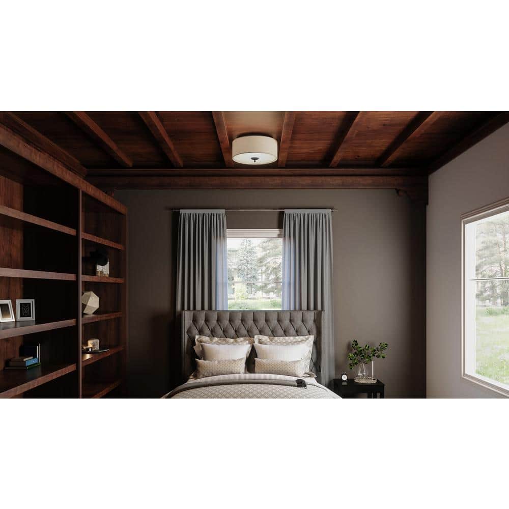 Blanche 16" Matte Black Flush Mount with Beige Linen Shade