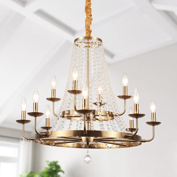 LWYTJO Immer 12 Light Gold Candle Style Classic Empire Wagon Wheel Chandelier with Clear Crystal Accents for Kitchen Island