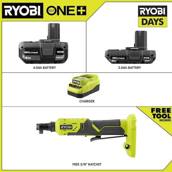 ONE+ 18V Cordless 3/8 in. Ratchet Kit with (1) 18V 2.0 Ah Battery, (1) 18V 4.0 Ah Battery, and Charger