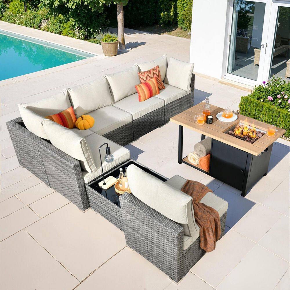 Messi Gray 8-Piece Wicker Outdoor Patio Conversation Sectional Sofa Set with a Storage Fire Pit and Beige Cushions price history on PriceWatchPro