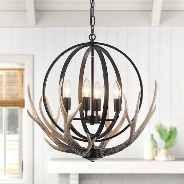 4-Light Black Modern Candle Chandelier Farmhouse Globe Chandelier with Tree Branch Accents