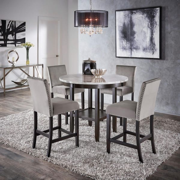 White Faux Marble Round Dining Set with Gray Chairs