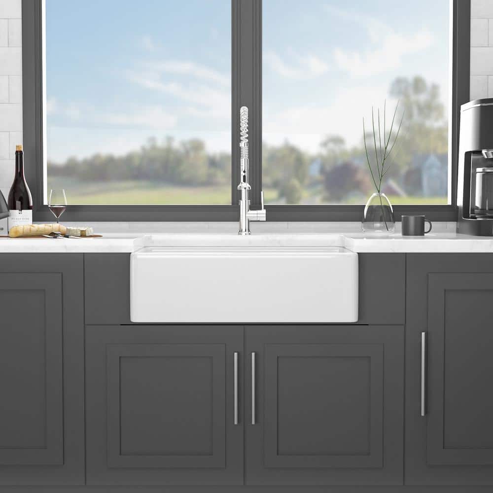 33x20 Inch Glossy White Ceramic Farmhouse Single Bowl Kitchen Sink