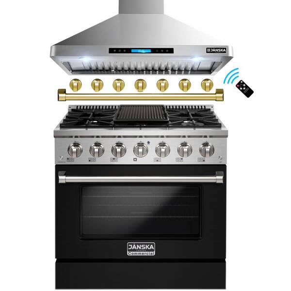JANSKA 36 in. 870 CFM Wall-Mount Range Hood and 36 in. 5.2 cu. ft. Gas Range with Convection Oven and Griddle in Matte Black