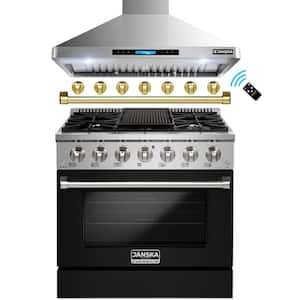 36 in. 870 CFM Wall-Mount Range Hood and 36 in. 5.2 cu. ft. Gas Range with Convection Oven and Griddle in Matte Black
