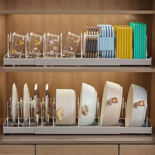 2-Pack 22 in. Expandable Pots and Pans Organizer Inside or Under Cabinet with 9 Adjustable Dividers for Storage, Gray