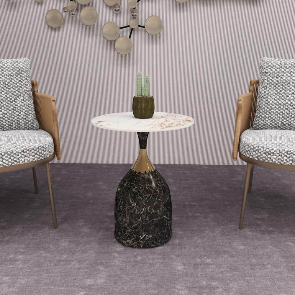 Marbled Brown Round Sintered Stone Side Table with Gold Neck