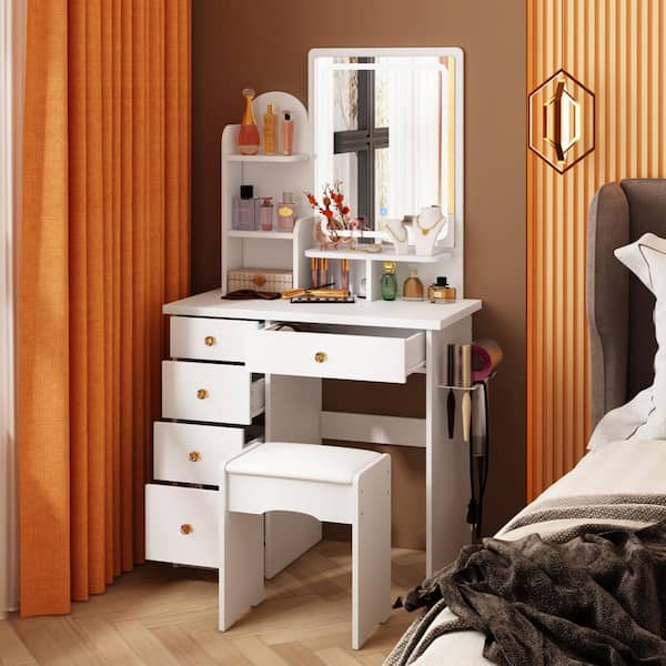 FUFU&GAGA 5-Drawers White Makeup Vanity Sets Dressing Table Sets with LED  Dimmable Mirror, Stool and 3-Tier Storage Shelves KF210141-01 - The Home  Depot
