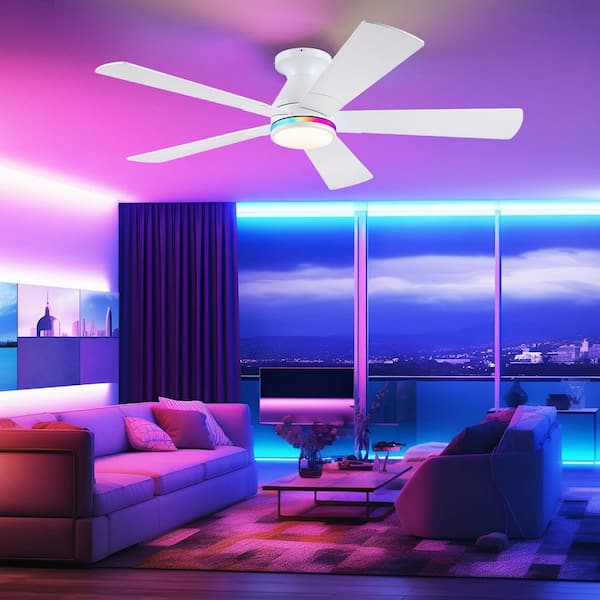 52 in. Indoor/Outdoor Modern Flush Mount White Ceiling Fan with RGB Color LED Light and Remote/APP Control