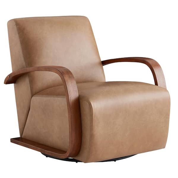 Ella Cognac Brown Leather Swivel Accent Chair with Walnut Solid Wood Arm Modern Armchair for Living Room or Bedroom
