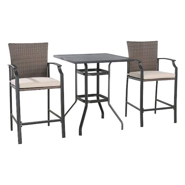 ULAX FURNITURE 3-Piece Metal Outdoor Serving Bar Set with Cushion, 2 Wicker Bar Chairs and Slatted Bar Table