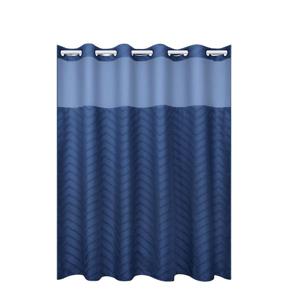 71 in. W x 74 in. L Fabric Shower Curtain in Tufted Chevron Striped, Light-filtering No Hook, Mesh Top Window, in Blue