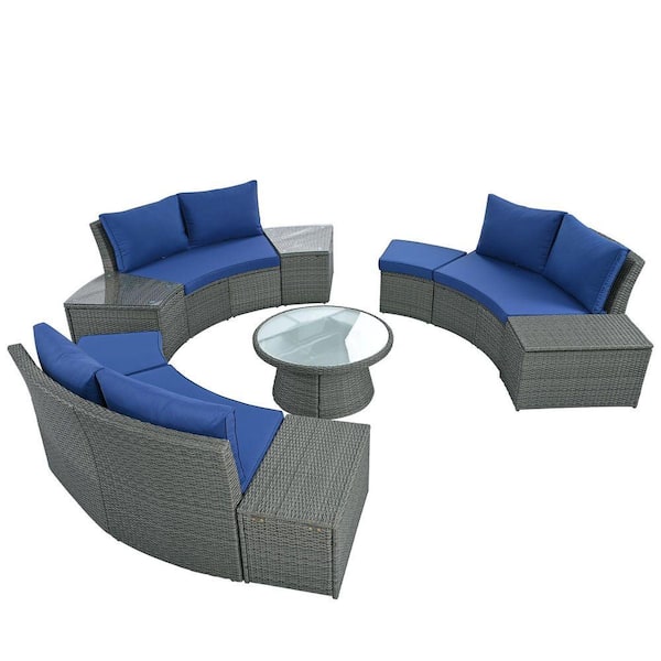 Gruisse 10-Piece 32 in. Blue Half Round Patio Rattan Sofa Set with Ottoman, Table and Cover