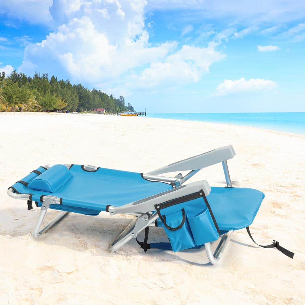 Blue Aluminum Folding Beach Chair with Armrest and Storage