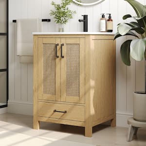 24 in. W Single Sink Freestanding Rattan decoration Bath Vanity in Natural with White Ceramic Top (Assembled)