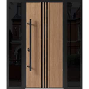 1055 64 in. x 80 in. Right-hand/Inswing 2 Sidelight Tinted Glass Teak Steel Prehung Front Door with Hardware