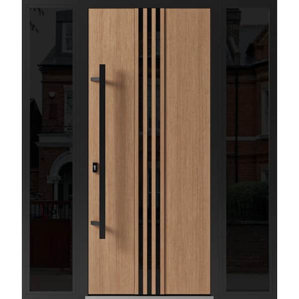 VDOMDOORS 1055 68 in. x 80 in. Right-hand/Inswing 2 Sidelight Tinted Glass Teak Steel Prehung Front Door with Hardware
