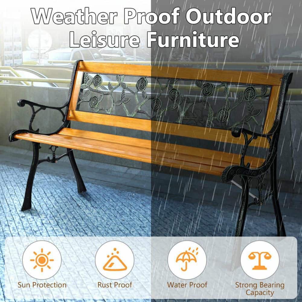 Yellow Cast Iron and Hardwood Outdoor Garden Bench with Rose Design