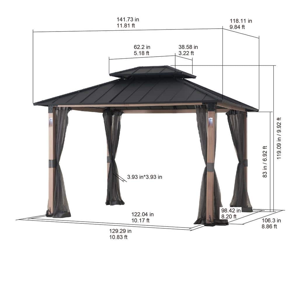 Black Steel 10x12 Hardtop Gazebo with Netting and LED Lights