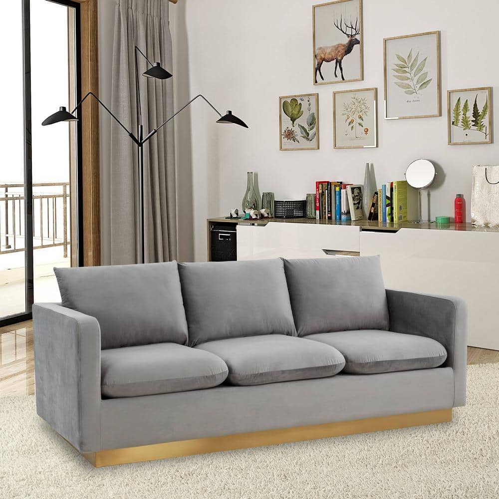 LeisureMod Nervo 65'' Light Grey Velvet Upholstered Sofa with Gold Frame