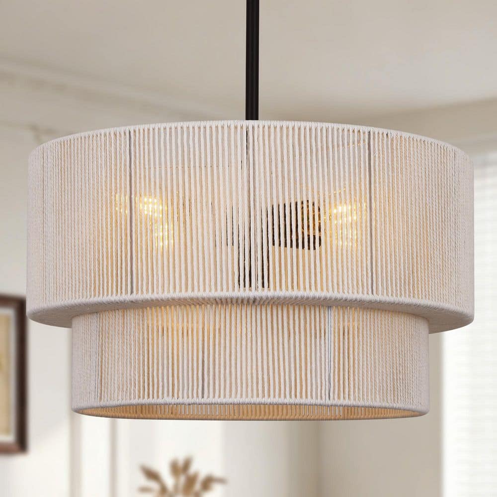 19.68 in. 5-Light Black Dimmable Boho Drum Chandelier Handwoven 2-Tier Cotton Cord Round Shade Light Fixture price history on PriceWatchPro
