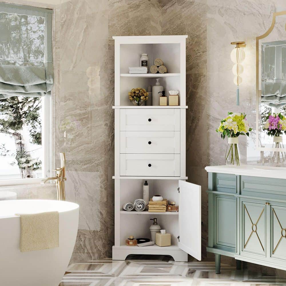Modern 26 in. W x 19 in. D x 67 in. H Tall White Linen Cabinet with Doors a