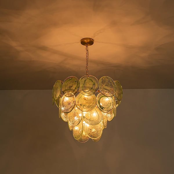 HUOKU Vinto 9-Light 23.6 in. W Brushed Gold and Green Tiered