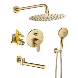 1-Handle 3-Spray Round High Pressure Shower Faucet with Tub Spout 10 in. Shower Head in Brushed Gold (Valve Included)