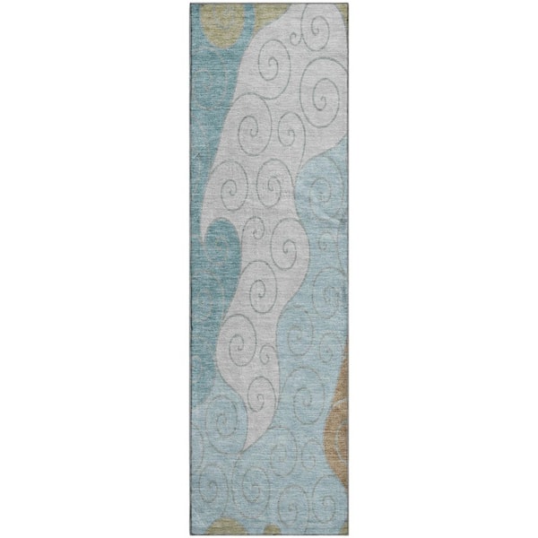 Mayfield Premium Machine Washable Abstract AMF2464 Teal 2 ft. x 7 ft. Runner Rug