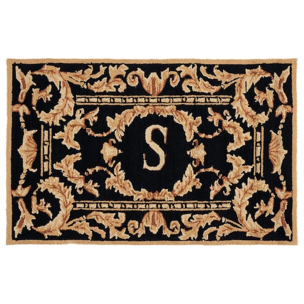 Monogram Black 3 ft. x 4 ft. "S" Ornate Leaf Indoor/Outdoor Area Rug